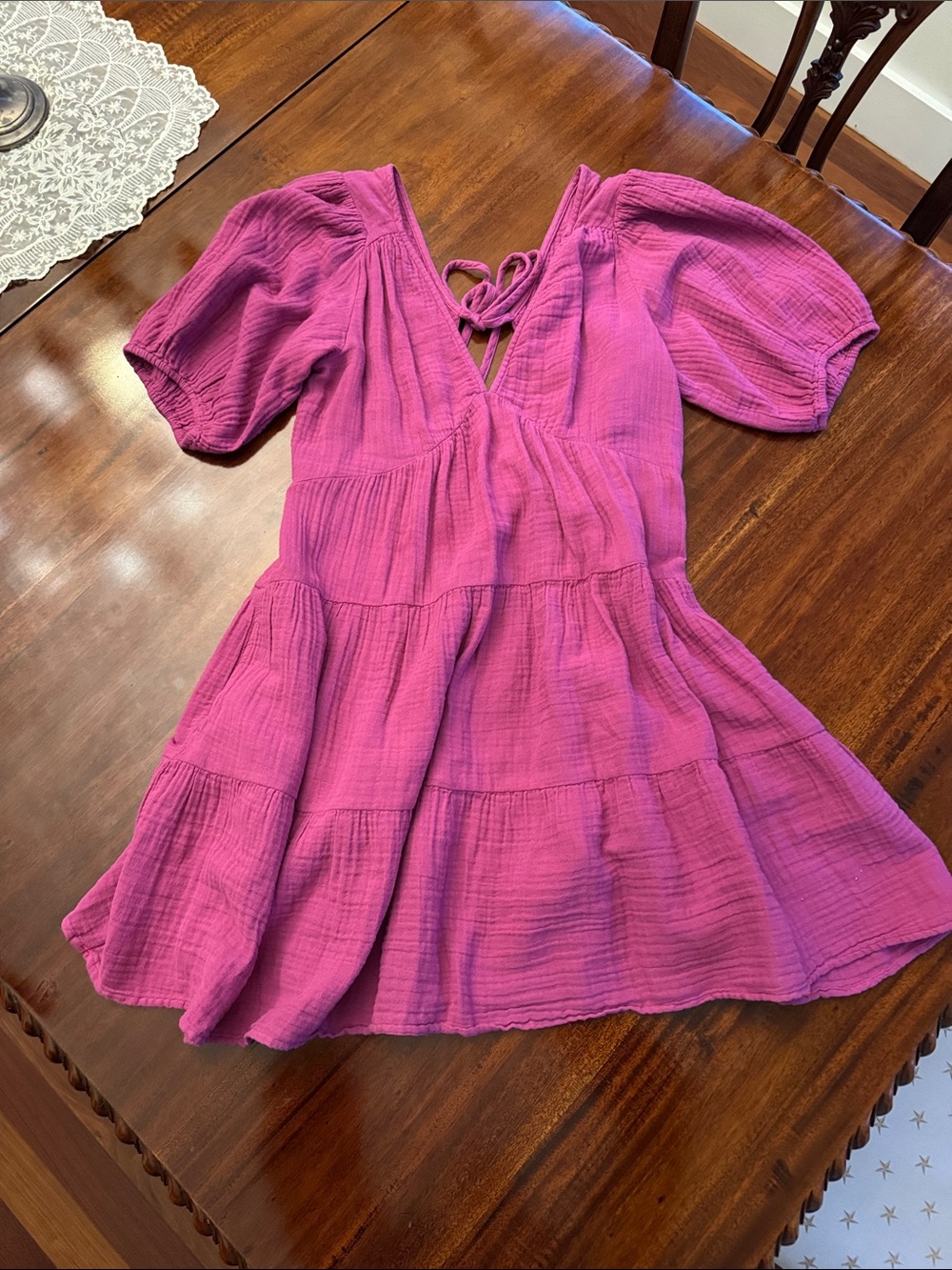 Xirena Magenta Tiered Cotton V-Neck Dress